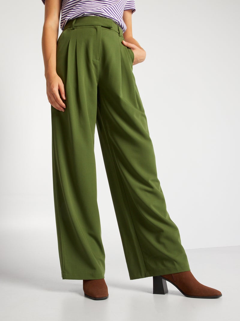 Pantalón ancho de tiro alto caqui oscuro - Kiabi