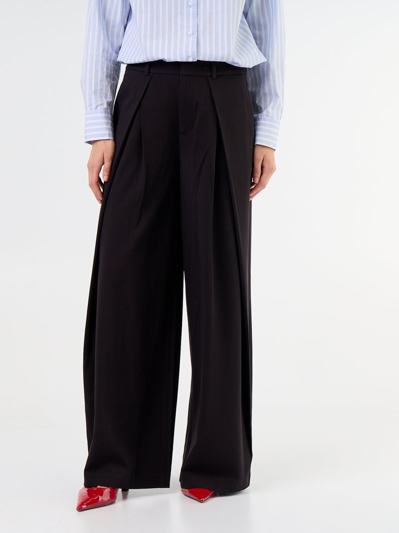Pantalón ancho de tiro alto con pinzas Negro - Kiabi