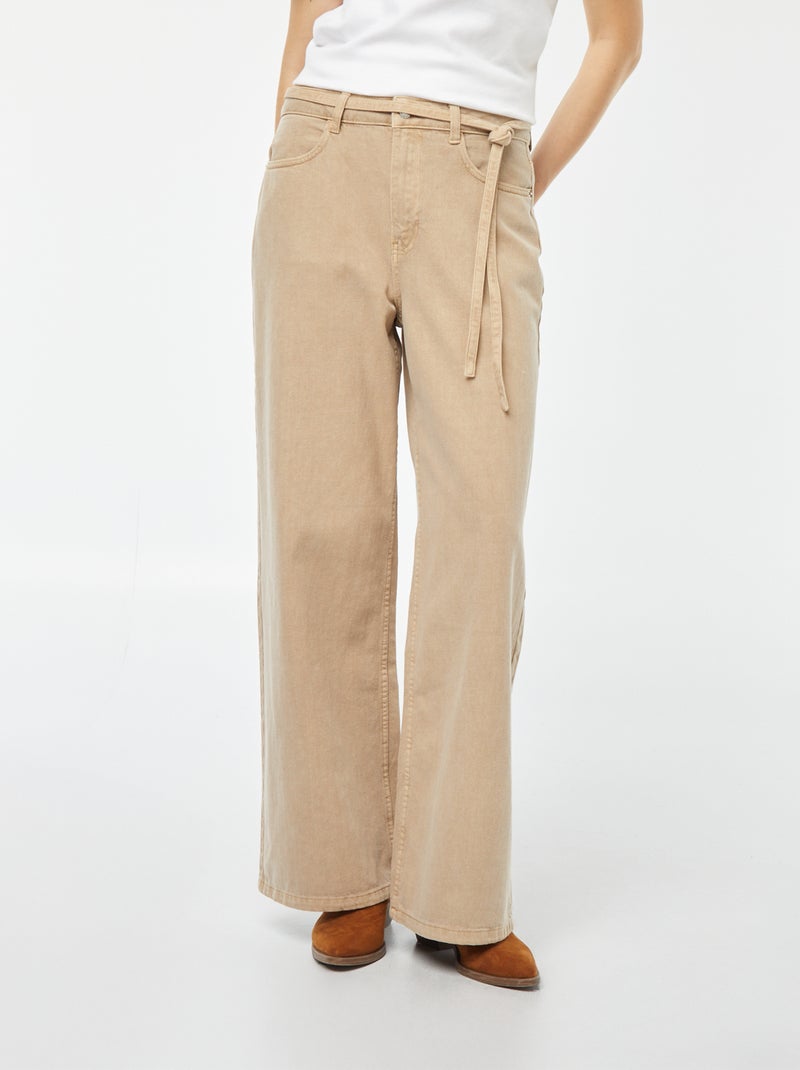 Pantalón ancho de tiro alto de sarga con cinturón anudable BEIGE - Kiabi
