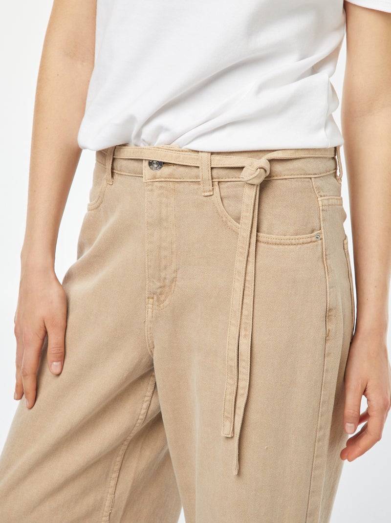 Pantalón ancho de tiro alto de sarga con cinturón anudable BEIGE - Kiabi