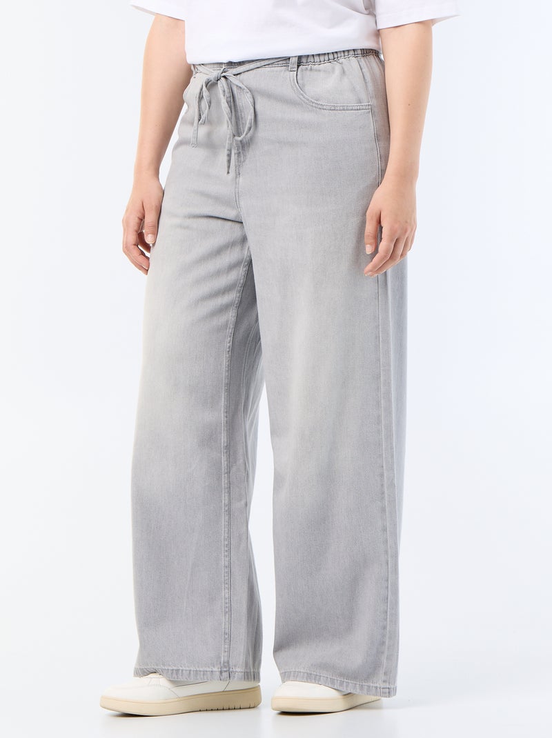 Pantalón ancho de vaquero con cinturón para anudar Gris - Kiabi