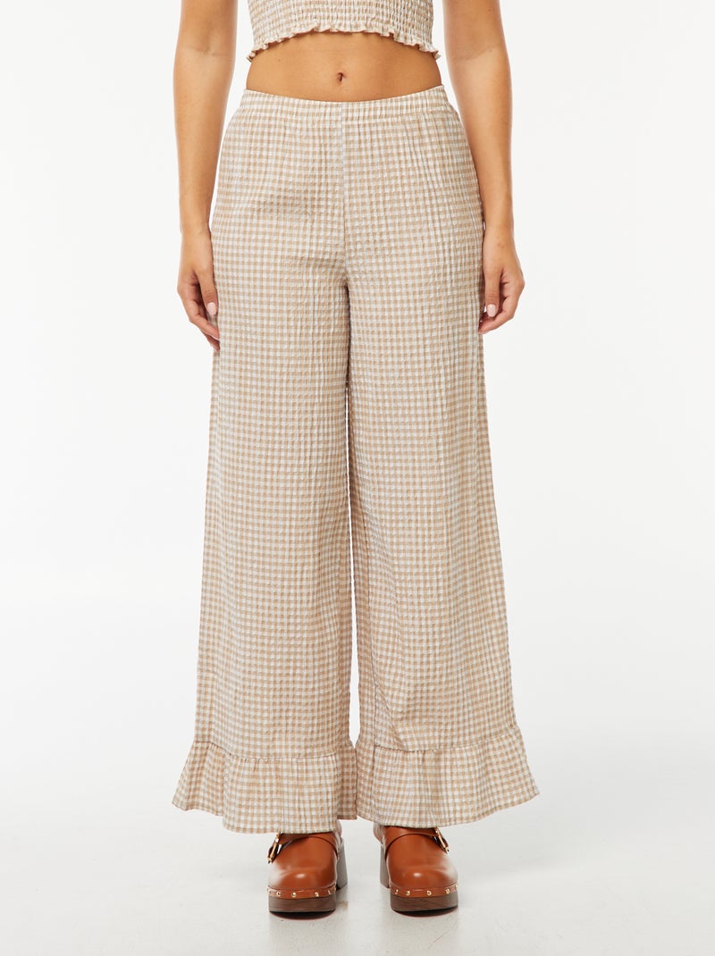 Pantalón ancho de vichy con volantes Beige - Kiabi
