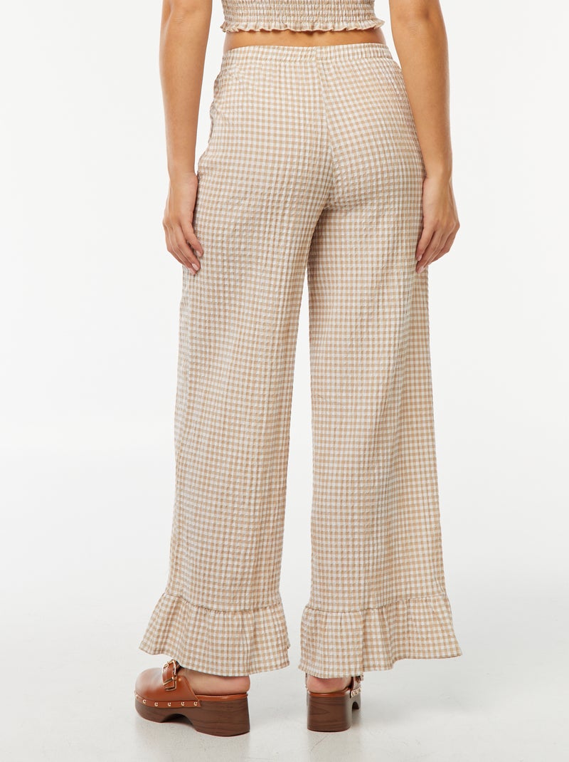Pantalón ancho de vichy con volantes Beige - Kiabi