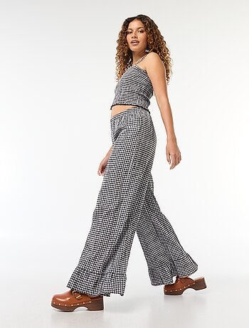 Pantalón ancho de vichy con volantes