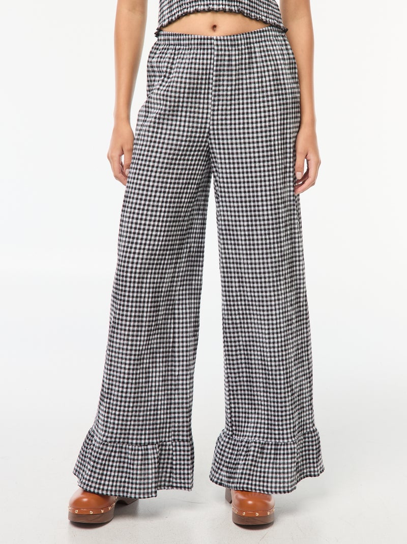 Pantalón ancho de vichy con volantes Negro - Kiabi