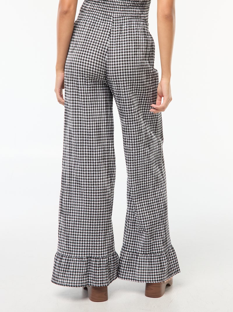 Pantalón ancho de vichy con volantes Negro - Kiabi
