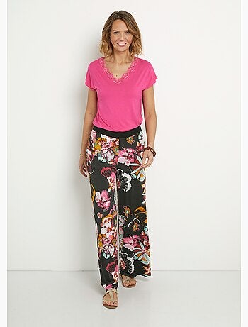 Pantalón ancho elástico con estampado floral - Afibel