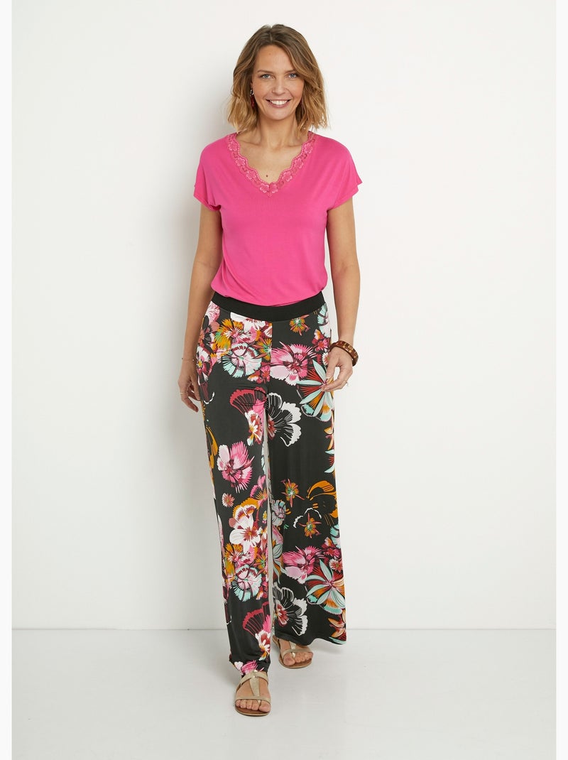 Pantalón ancho elástico con estampado floral - Afibel Negro - Kiabi