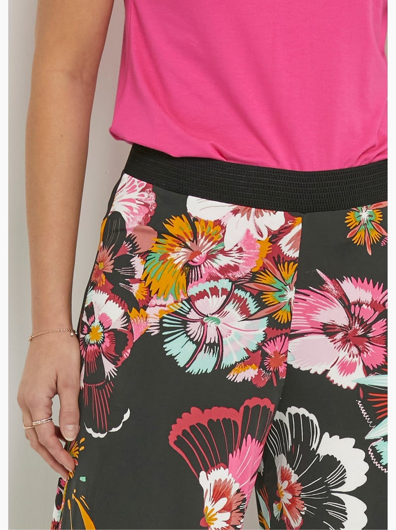 Pantalón ancho elástico con estampado floral - Afibel Negro - Kiabi