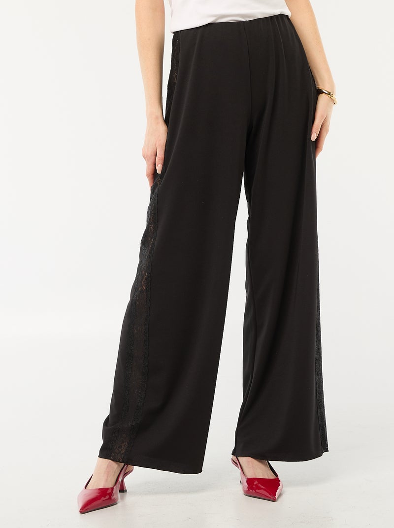 Pantalón ancho fluido con bandas laterales de encaje Negro - Kiabi
