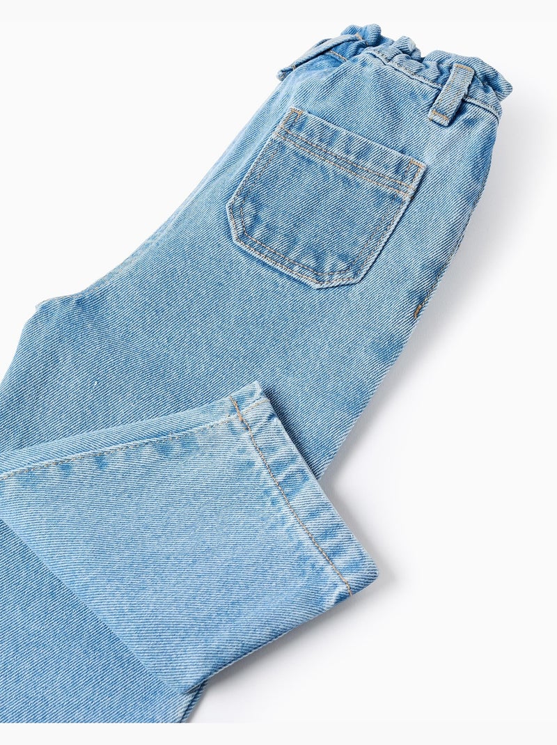 Pantalón baggy vaquero con cintura paperbag Azul claro - Kiabi