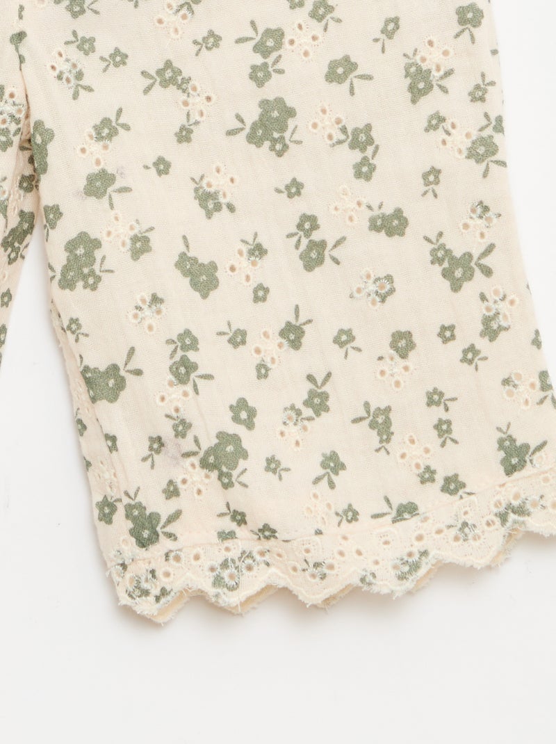 Pantalón bordado de gasa de algodón Kaki - Kiabi