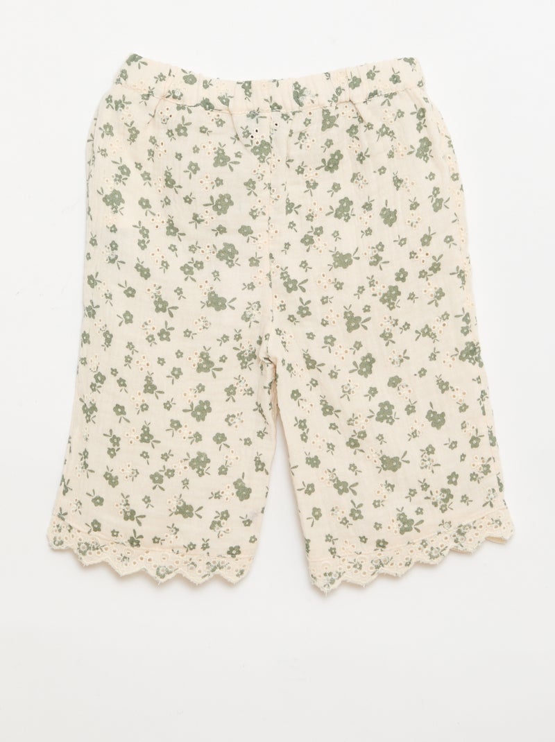 Pantalón bordado de gasa de algodón Kaki - Kiabi