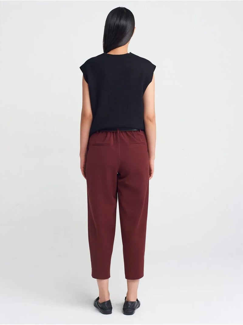 Pantalón capri de mujer de pernera recta con cinturón dilvin Rojo burdeos - Kiabi
