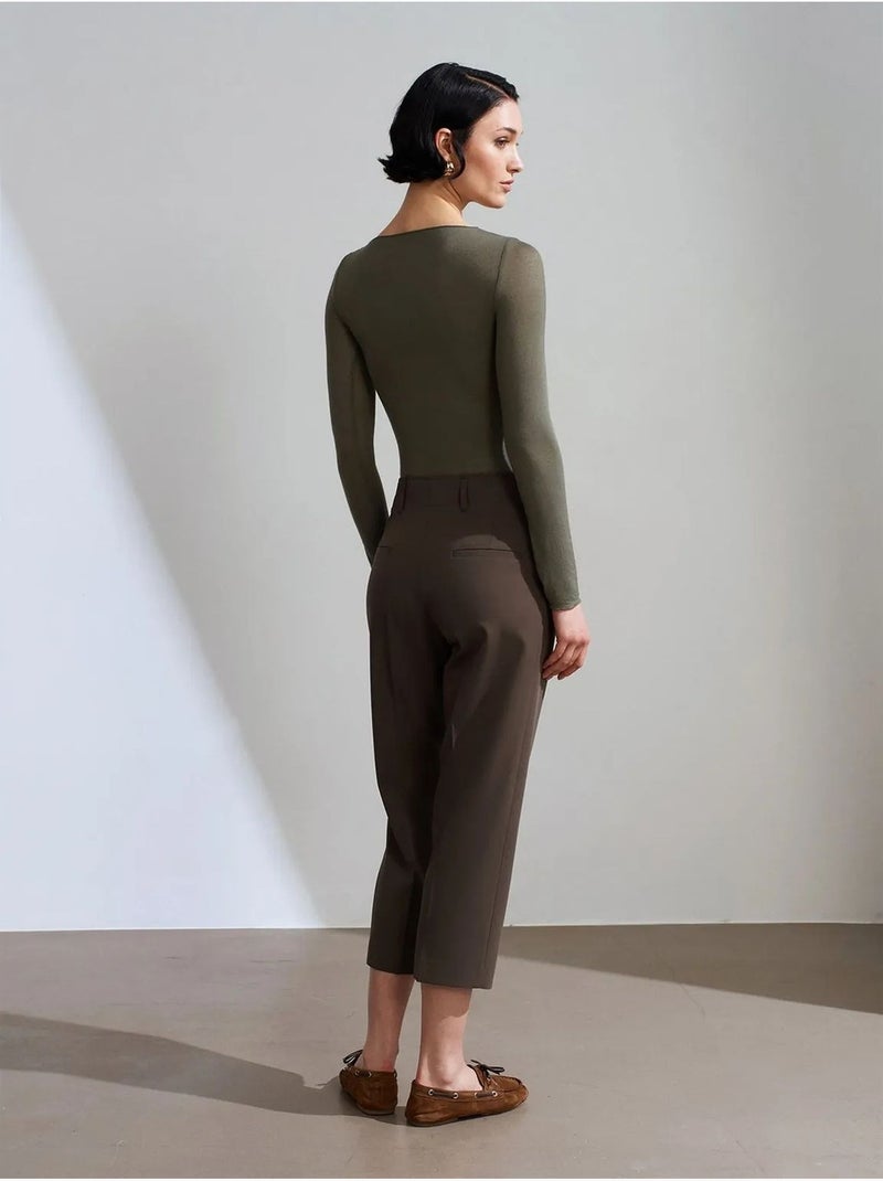 Pantalón capri de mujer de tiro alto con cinturón dilvin Verde caqui - Kiabi