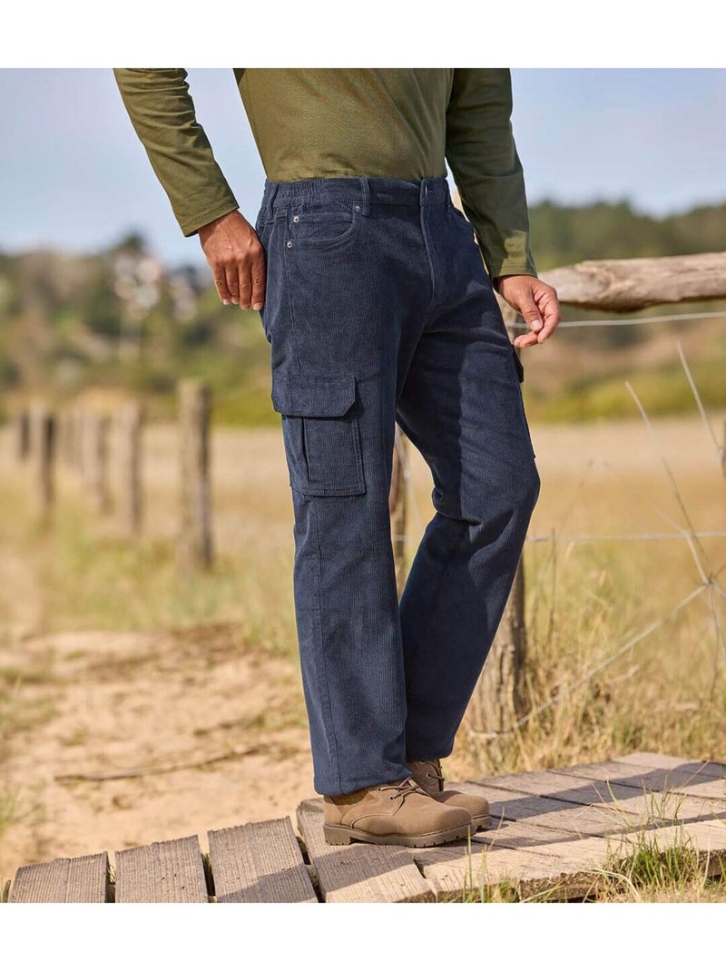 Pantalón cargo confort de pana con cinturilla elástica y bolsillos cargo Azul marino - Kiabi