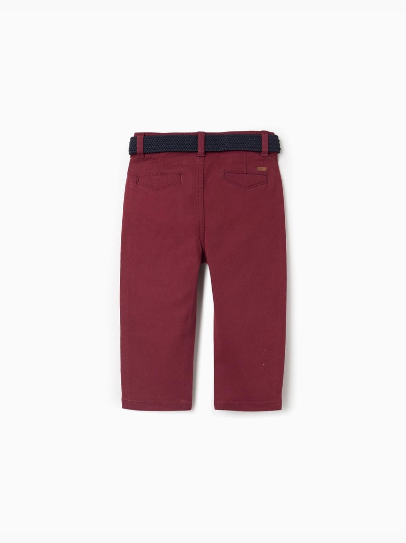 Pantalón chino ajustado de sarga con cinturón Rojo oscuro - Kiabi