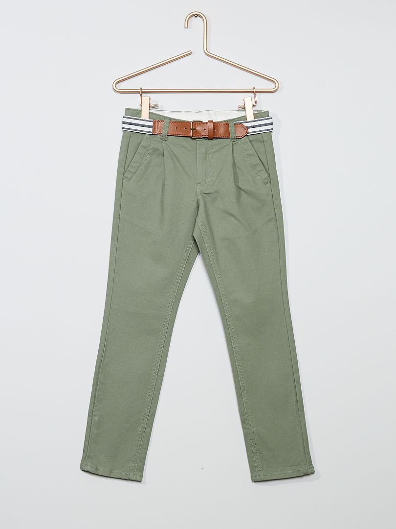 Pantalón chino slim + cinturón a rayas VERDE - Kiabi