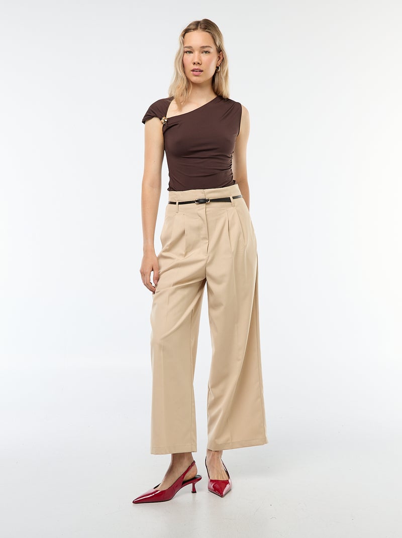 Pantalón city de corte ancho con cinturón fino Beige - Kiabi