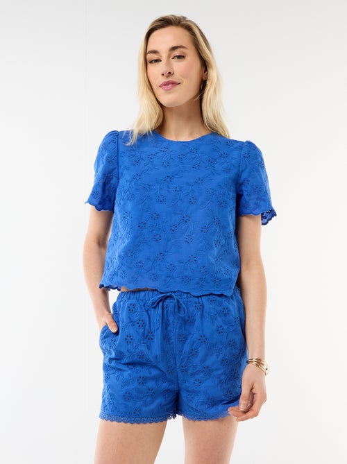 Pantalón corto con bordados ingleses en algodón liso - Kiabi