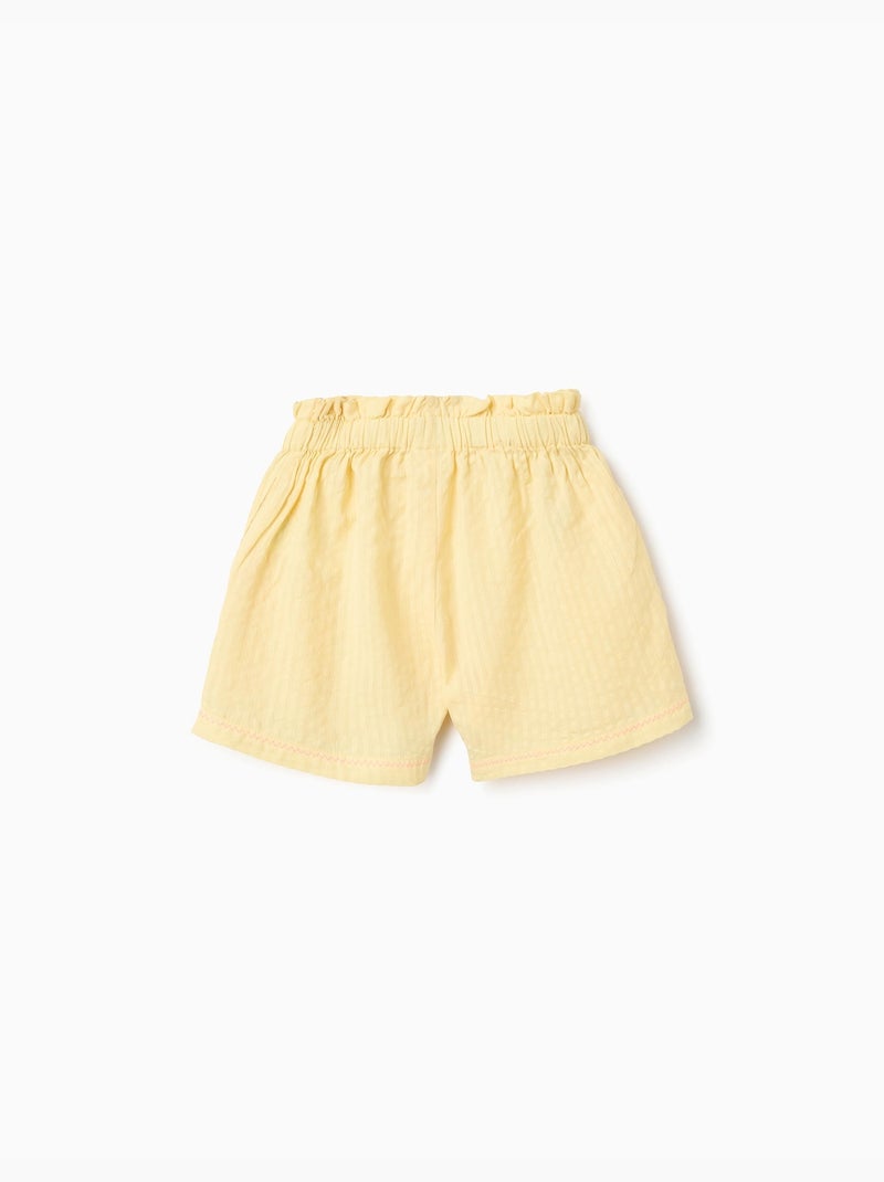 Pantalón corto de algodón con cintura paperbag y bordado Amarillo claro - Kiabi