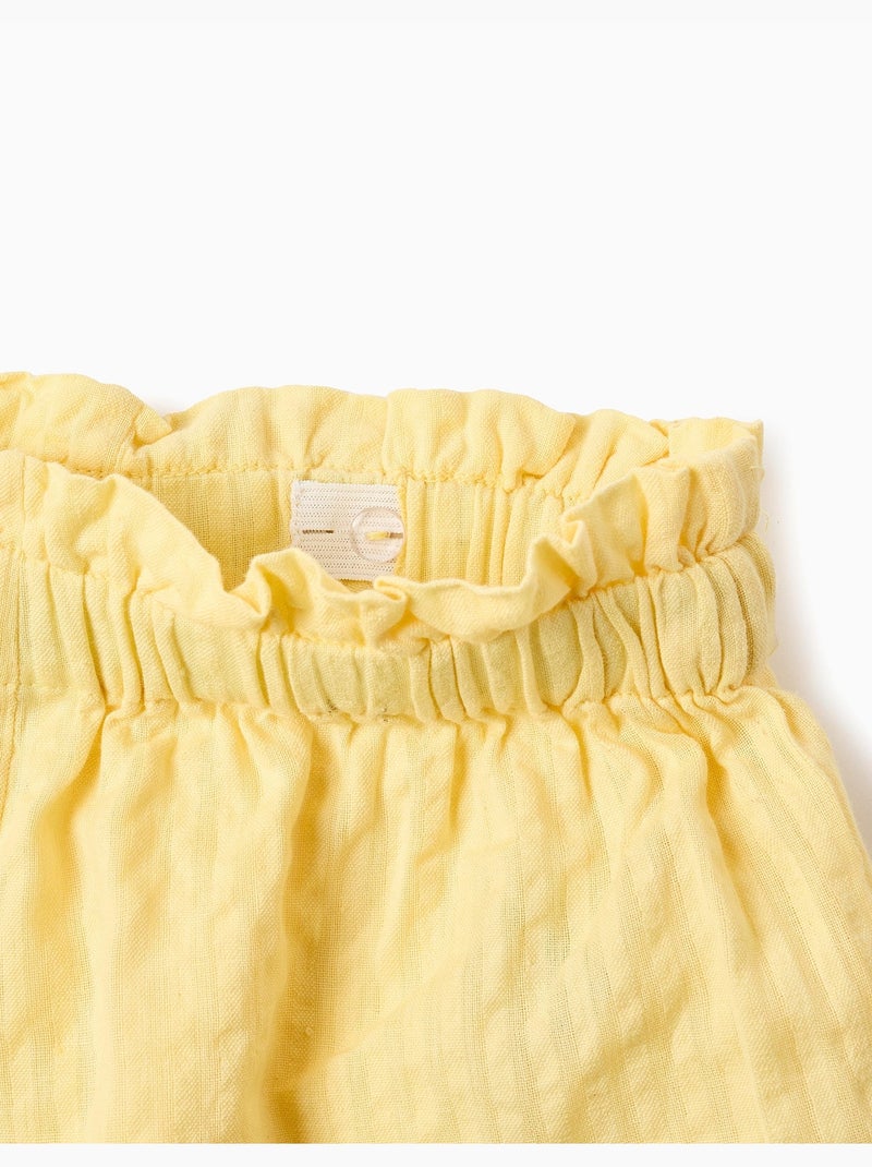 Pantalón corto de algodón con cintura paperbag y bordado Amarillo claro - Kiabi