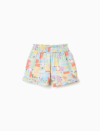 Pantalón corto de algodón con estampado colorido y volantes