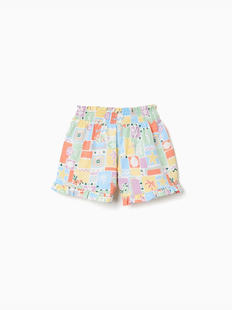 Pantalón corto de algodón con estampado colorido y volantes Blanco - Kiabi
