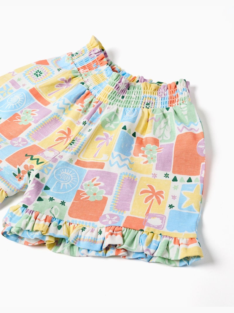 Pantalón corto de algodón con estampado colorido y volantes Blanco - Kiabi