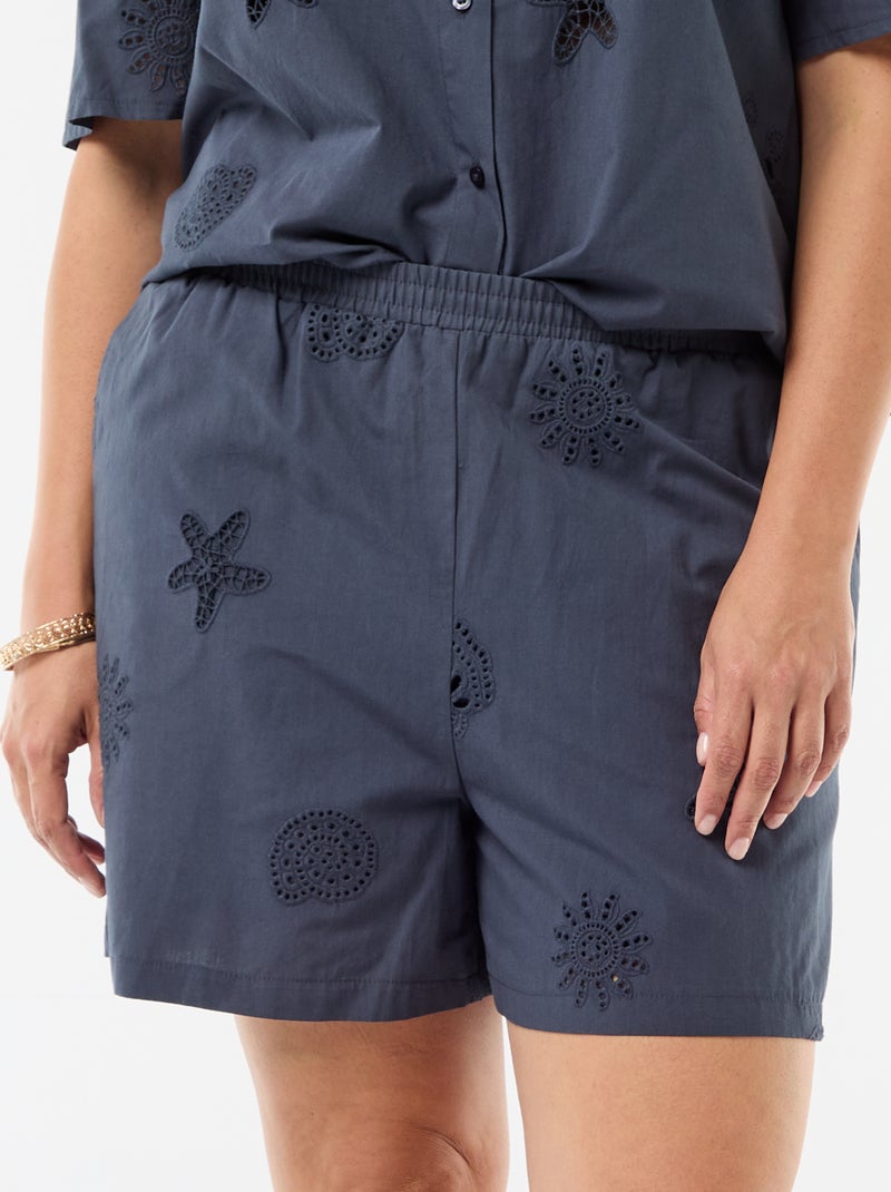 Pantalón corto de algodón con motivos calados Azul - Kiabi