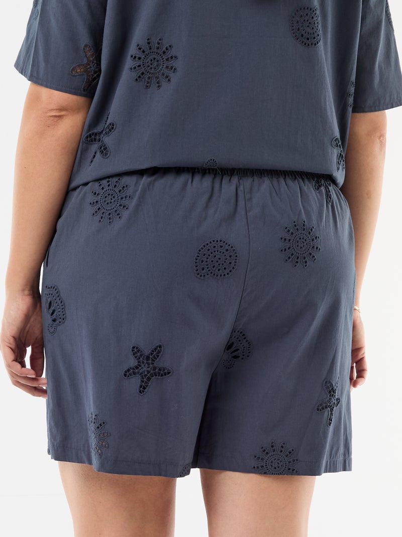Pantalón corto de algodón con motivos calados Azul - Kiabi