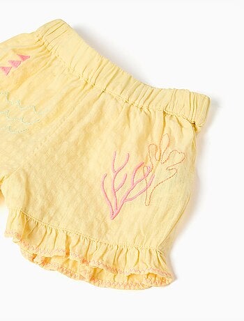 Pantalón corto de algodón con volantes y bordados