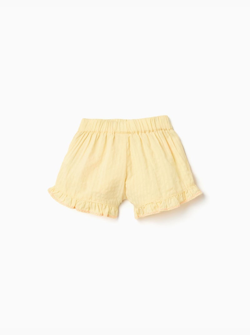 Pantalón corto de algodón con volantes y bordados Amarillo claro - Kiabi