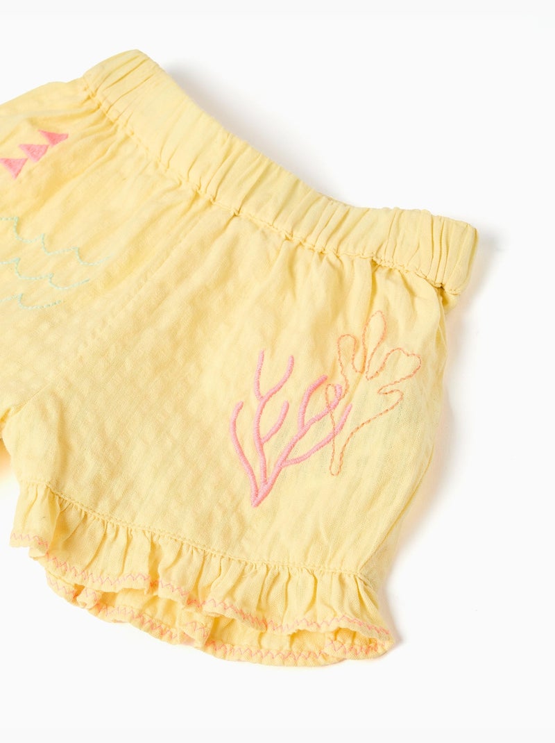 Pantalón corto de algodón con volantes y bordados Amarillo claro - Kiabi