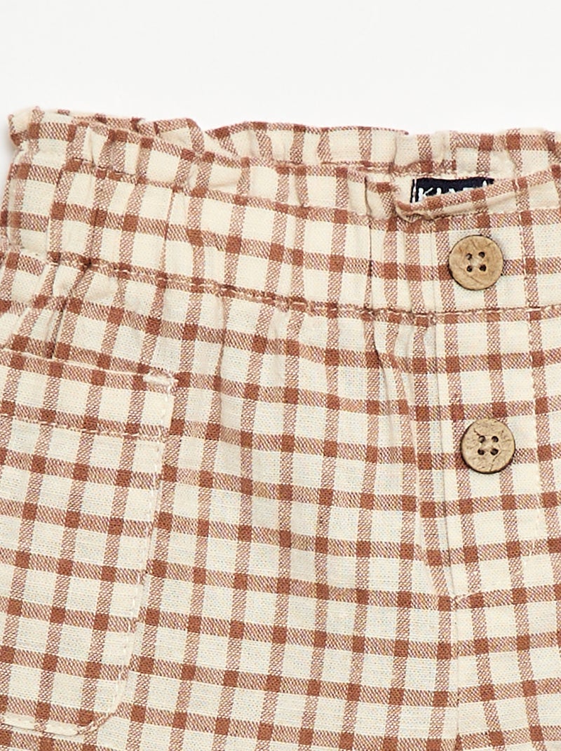 Pantalón corto de cuadros de algodón y lino Marron - Kiabi