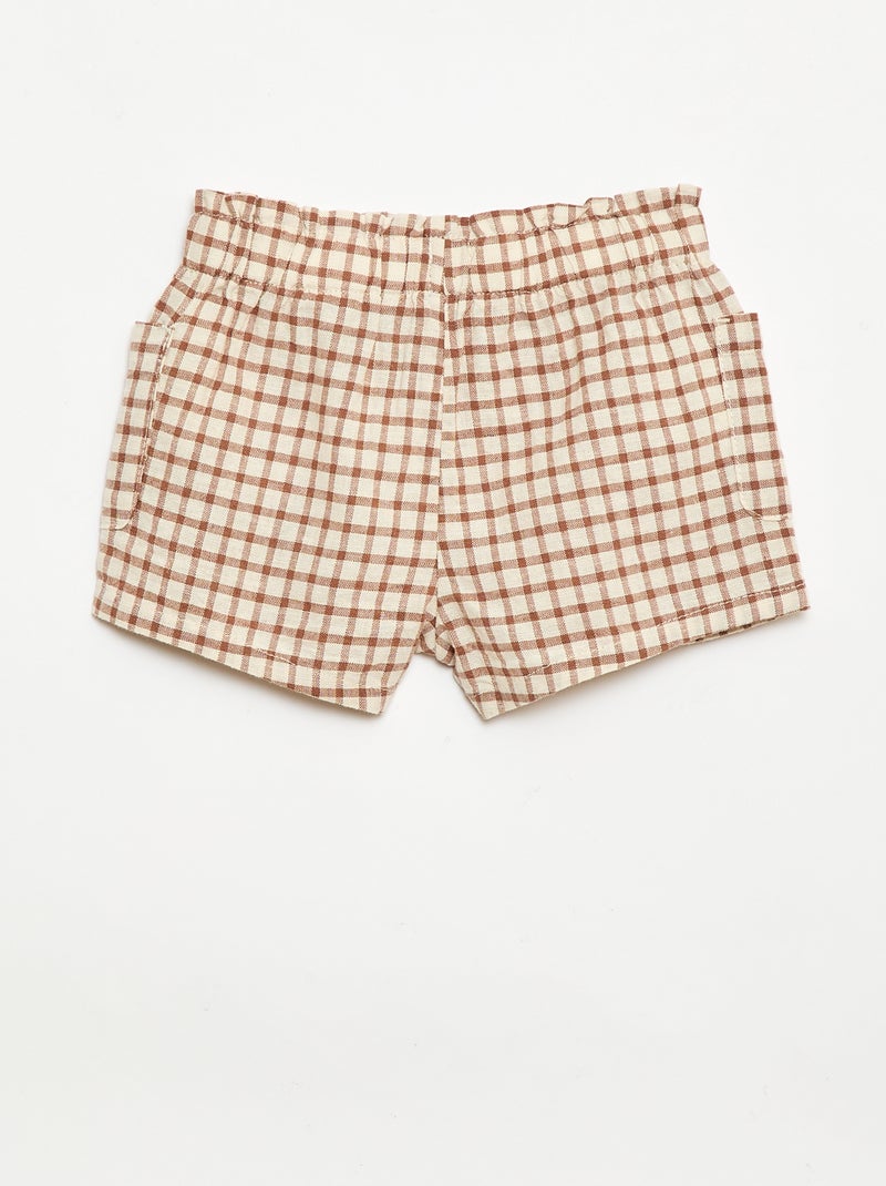 Pantalón corto de cuadros de algodón y lino Marron - Kiabi