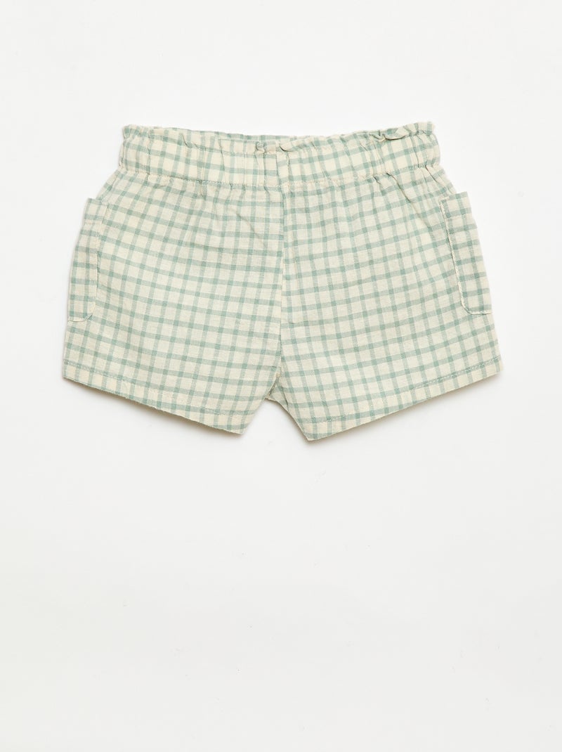 Pantalón corto de cuadros de algodón y lino Verde - Kiabi