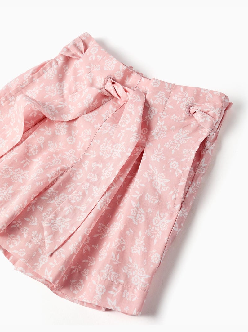 Pantalón corto de popelina con estampado floral y cinturón Rosa claro - Kiabi