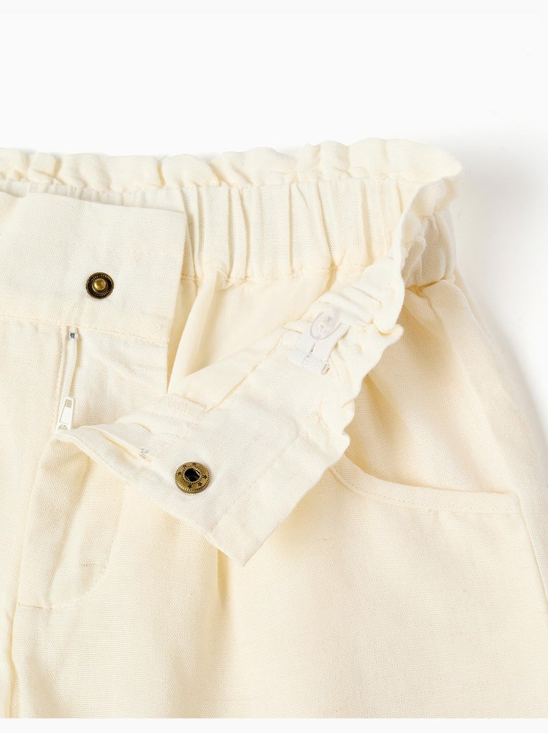Pantalón corto en algodón y lino con cintura paperbag Beige claro - Kiabi