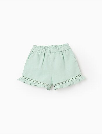 Pantalón corto en algodón y lino con dobladillo con volantes