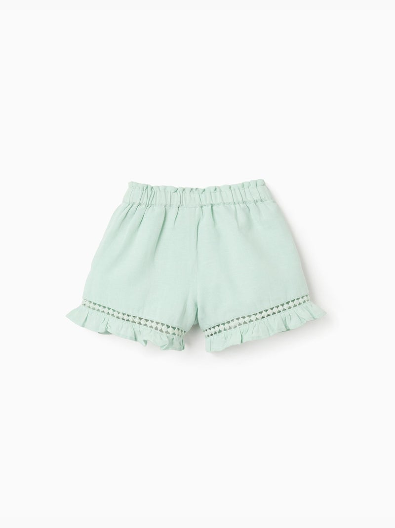 Pantalón corto en algodón y lino con dobladillo con volantes Verde claro - Kiabi