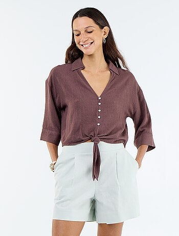 Pantalón corto liso de lino mezclado