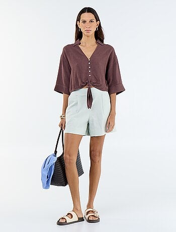 Pantalón corto liso de lino mezclado