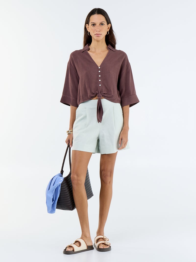 Pantalón corto liso de lino mezclado Azul - Kiabi
