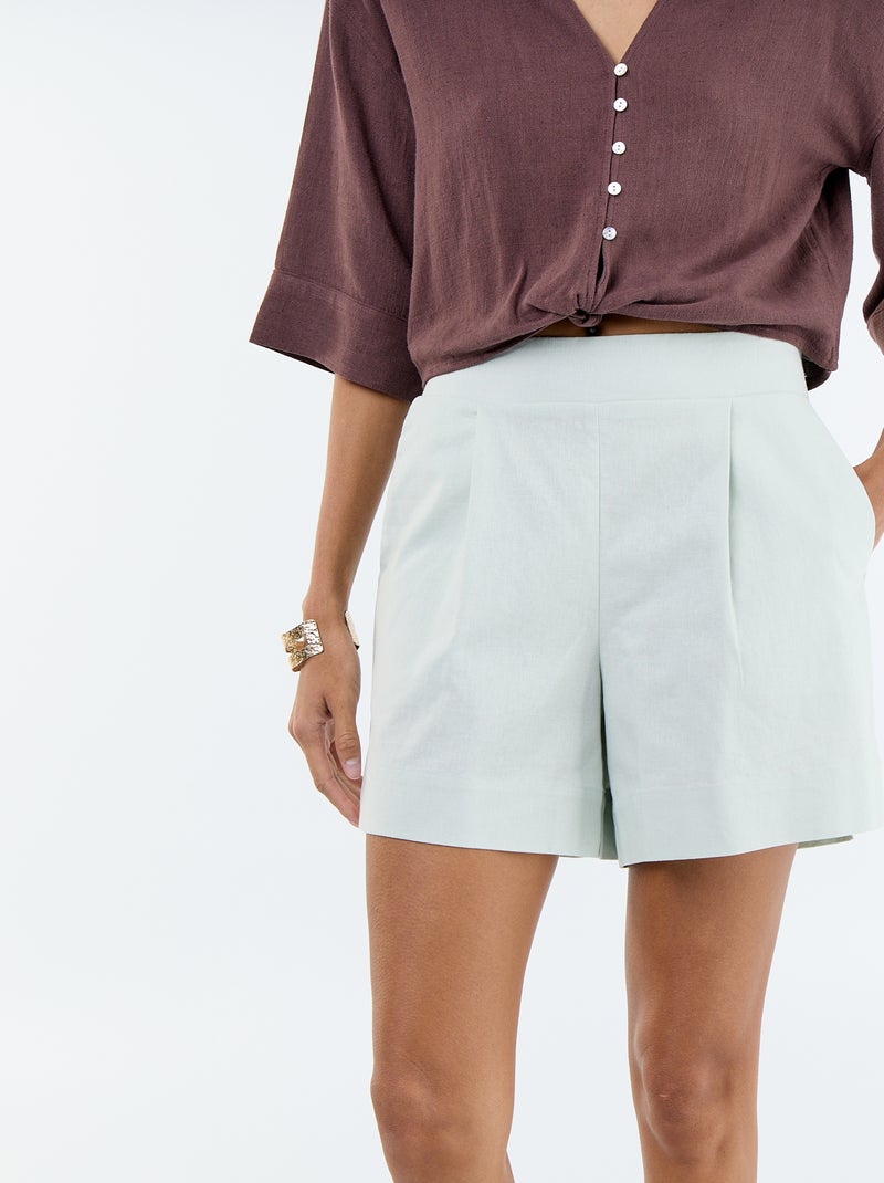 Pantalón corto liso de lino mezclado Azul - Kiabi