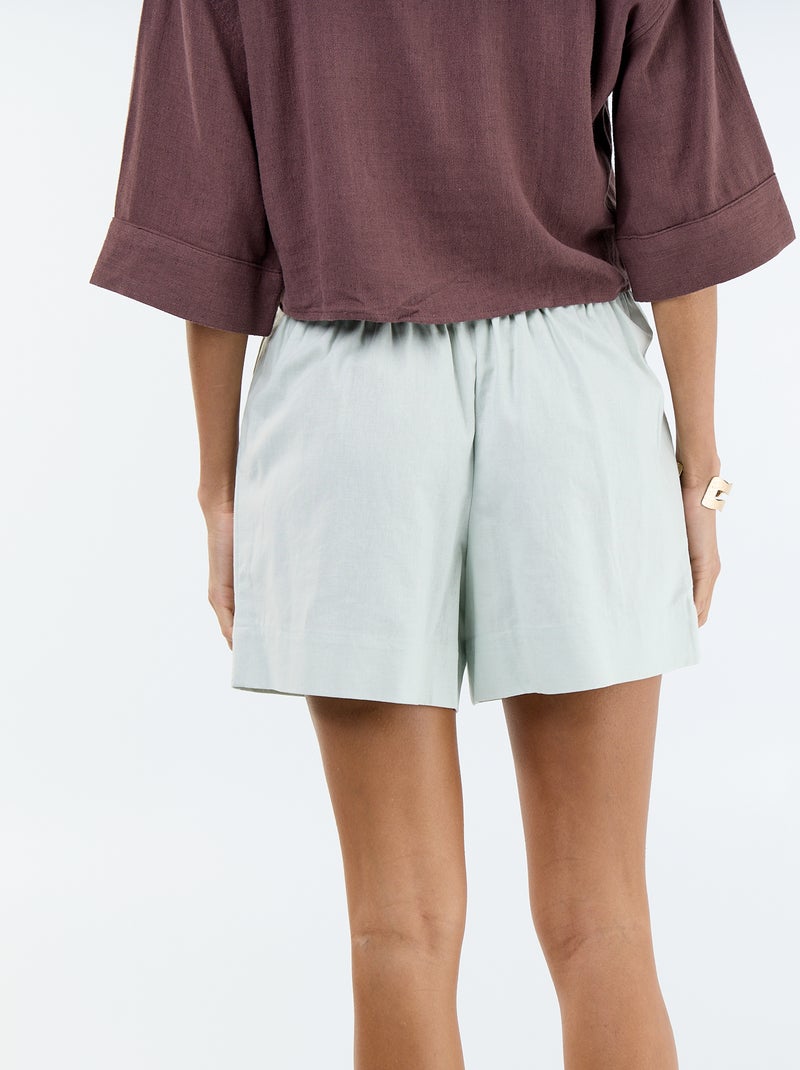 Pantalón corto liso de lino mezclado Azul - Kiabi