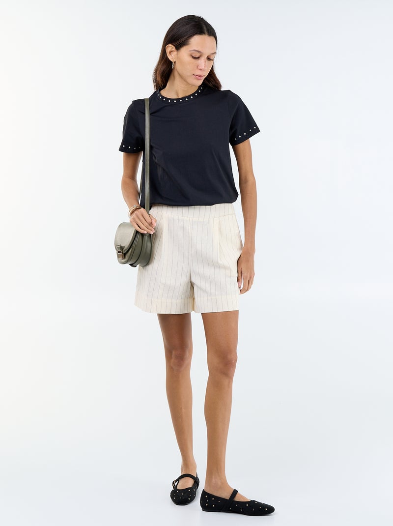 Pantalón corto liso de lino mezclado Beige - Kiabi