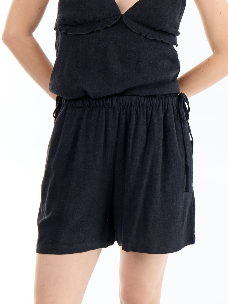 Pantalón corto liso de lino mezclado Negro - Kiabi