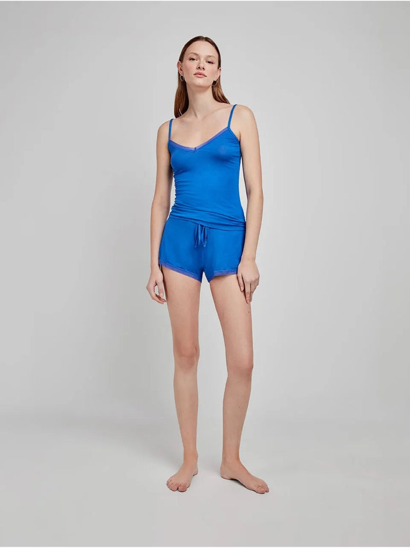 Pantalón corto liso y ajustable de modal con detalles de encaje Azul - Kiabi