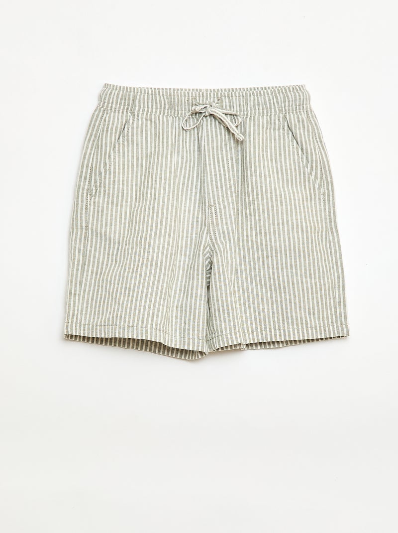 Pantalón corto rayado ligero de lino mezclado Kaki - Kiabi